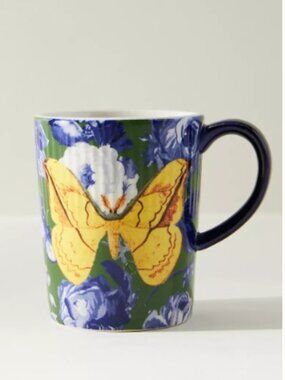 Anthropologie Athalia Mug in Green Motif  with Butterfly Floral Design